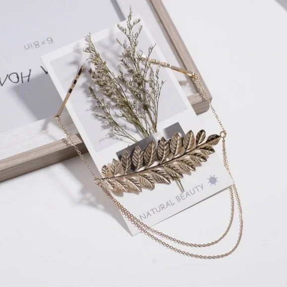 •1 Left•Intricately Designed Gold Leaf Hair Chain Accessory W Two Clip In Pins - Picture 2 of 5